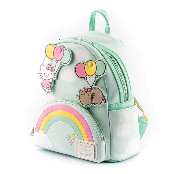 NEW Hello Kitty Pusheen Loungefly Balloon Rainbow Mint Green Backpack Wallet Set - Picture 2 of 15